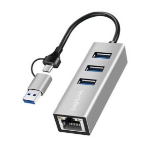 Logilink USB 3.2 Gen 1 hub, 3x USB-A, 1x RJ45, 2-in-1 connection cable, silver