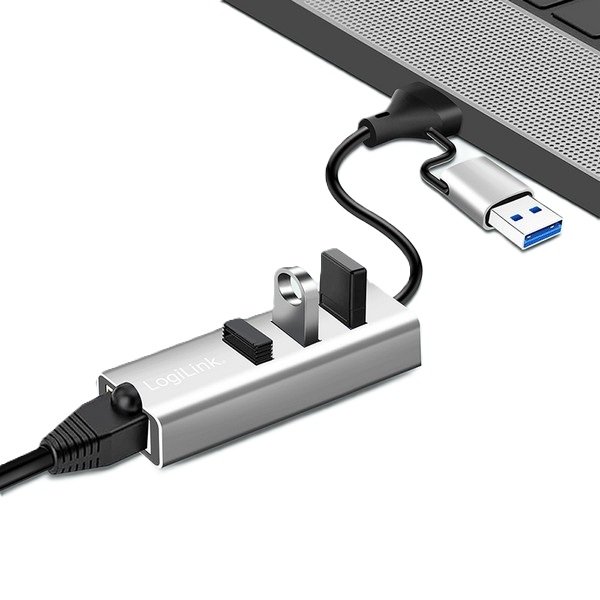 Logilink USB 3.2 Gen 1 hub, 3x USB-A, 1x RJ45, 2-in-1 connection cable, silver - Figura 2
