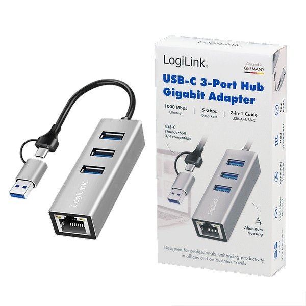 Logilink USB 3.2 Gen 1 hub, 3x USB-A, 1x RJ45, 2-in-1 connection cable, silver - Figura 3