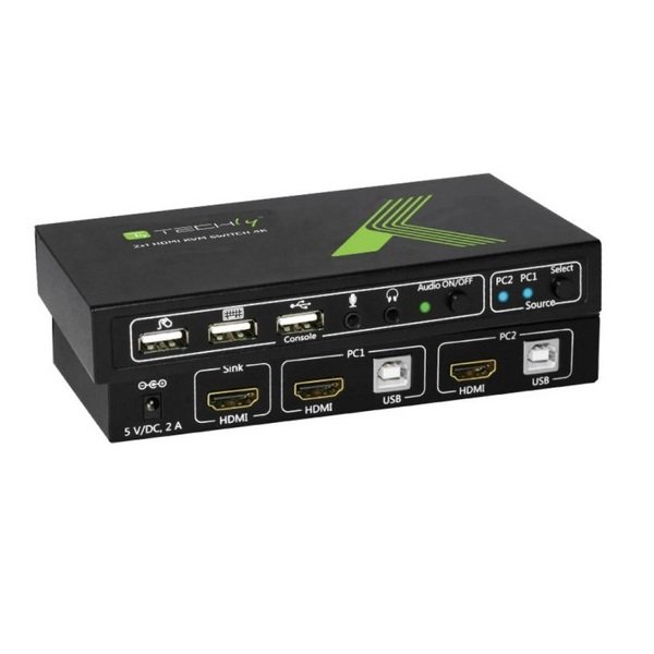 Techly KVM Switch-USB to HDMI 2 x 1 Ports, 4K, Black