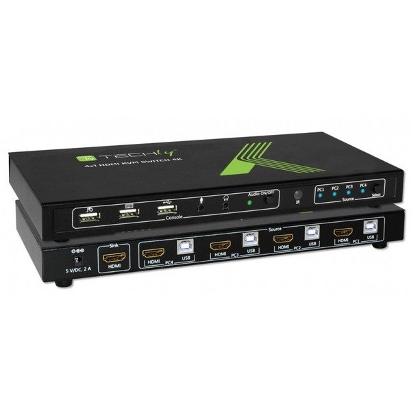 Techly KVM Switch-USB to HDMI 4 x 1 Ports, 4K, Black