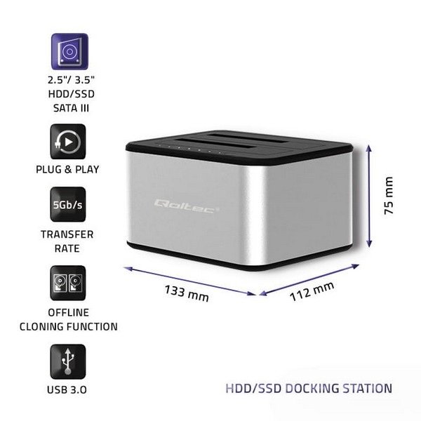 Qoltec Docking Station, 2 X HDD/SSD, 2.5/3.5 SATA, USB 3.0, Cloning 5316 - Figura 2