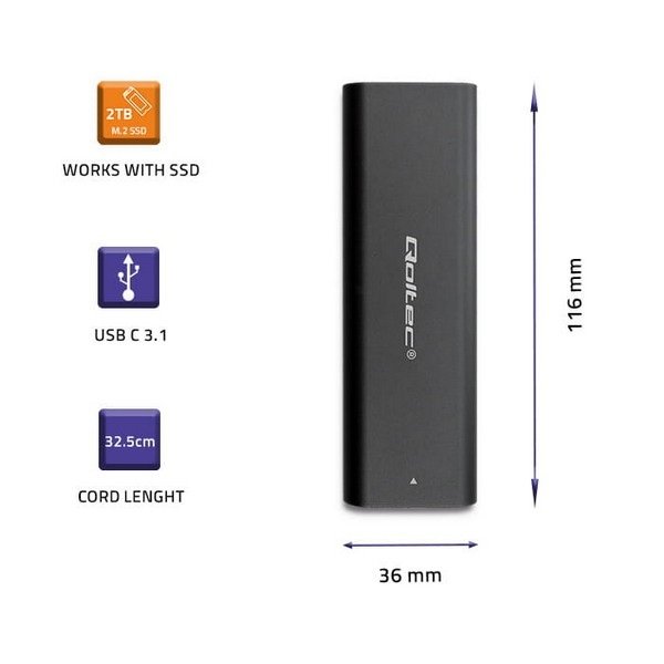 Qoltec Enclosure storage drive M.2 Sata, USB 3.1, Black, 50311 - Figura 2