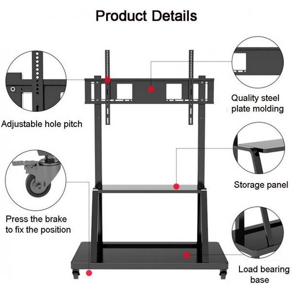 Techly TV Stand, Cart, Camera Shelf, On Casters, 55-100", 150kg, VESA 800x600, Black, ICA-TR30 - Figura 3