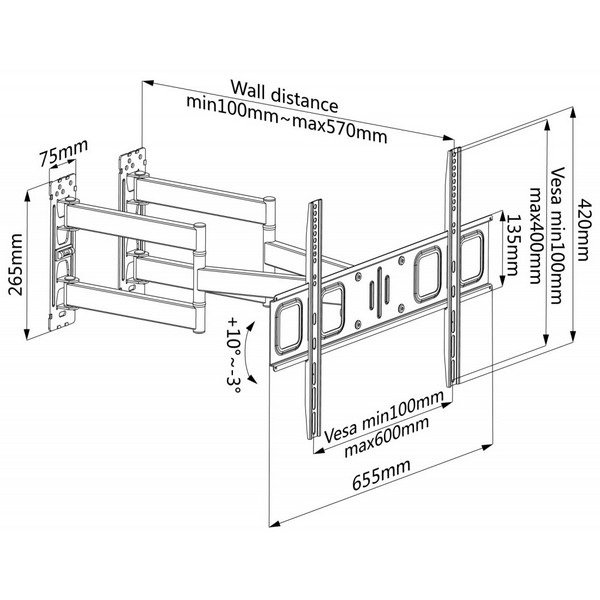 Techly Wall Mount 32-70" for Corner Wall Mounting, LED LCD TVs, Full-Motion, Black, ICA-PLB 215BK - Figura 3