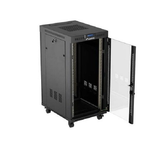 Lanberg Rack Cabinet 19" Free-Standing 24U 600X800, (Flat Pack), Glass Door, LCD, Black V2