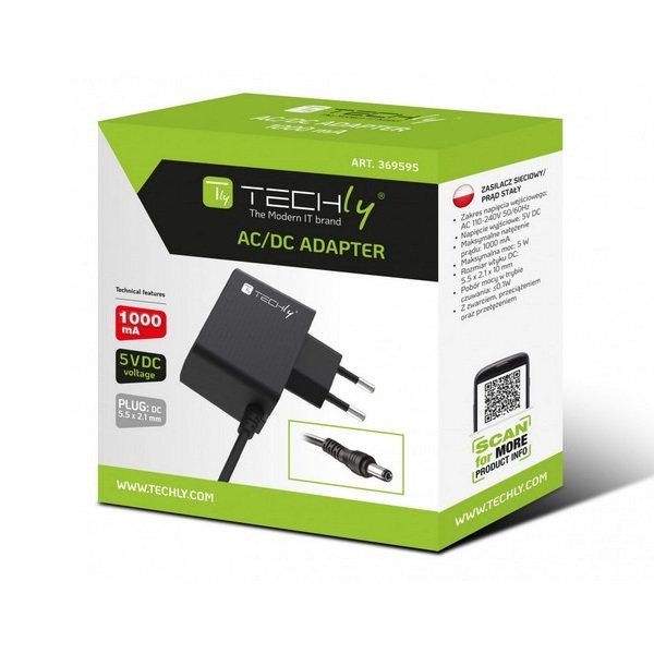 Techly Power Supply AC/DC 5V-1A 5.5x2.1mm, Slim, Black