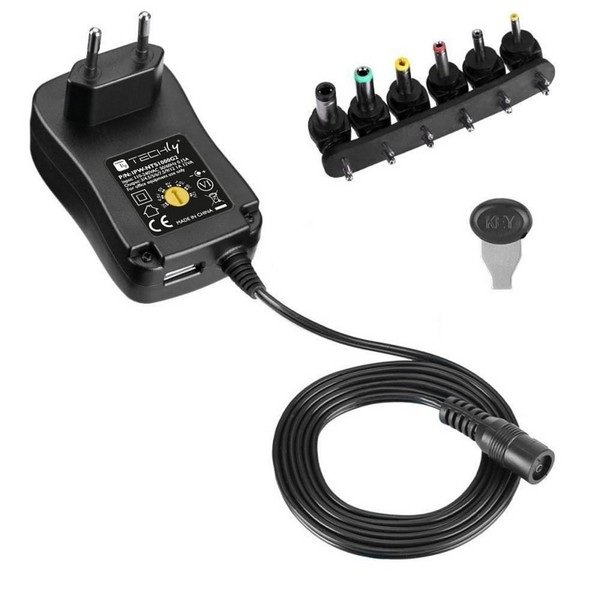 Techly Universal Power Supply AC/DC, Adjutable, 3V-12V 1A, 6DC Plugs, 1 USB port 2.0, IPW-NTS1000G2