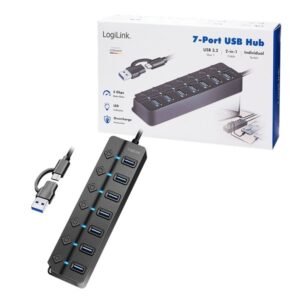 LogiLink USB 3.0 Hub, 7-Port, USB-A, 5Gbps, with Individual Switches + LED, Black / UA0420