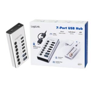 LogiLink USB 3.2 Gen 1 Hub, 7-Port, 2x USB-A + 5x USB-C, 5Gbps, Individual Switches + LED, Aluminium / UA0447